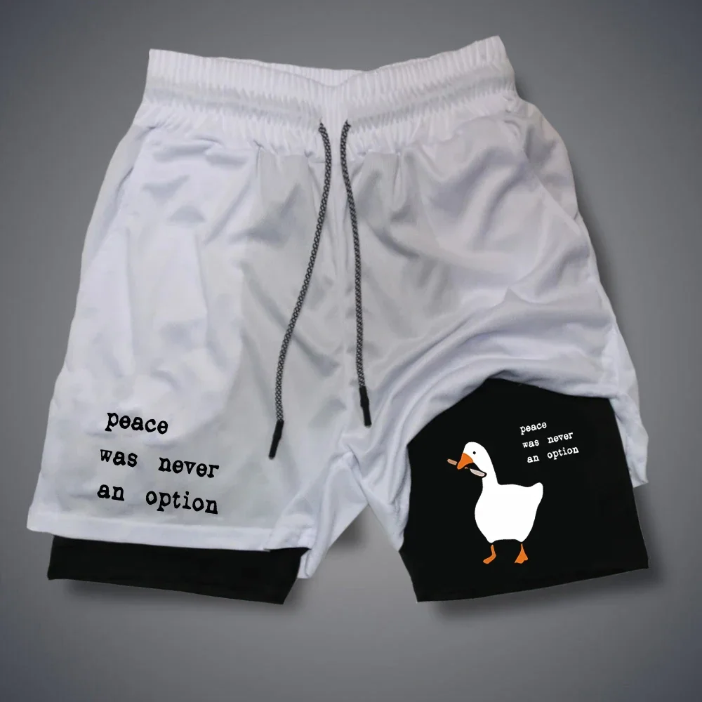 Summer Duck Clothing - 漫画のアヒル柄メンズショートパンツ 夏用ダブルレイヤーレタープリントショーツ 速乾パンツ フィットネストラックパンツ ビーチショートパンツ