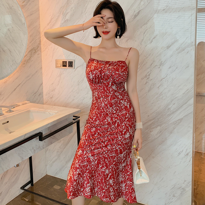 Summer Line Clothing Brand - 夏の新作ブランド婦人服 フレンチ風スリム花柄サテンサスペンダードレス