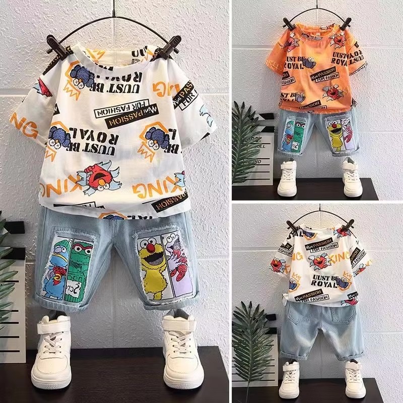 Summer Clothing Drawing For Kids - かわいい漫画プリント半袖コットンTシャツトップスジーンズショーツ2点セットベビー男の子夏服ファッションキッズブティック服
