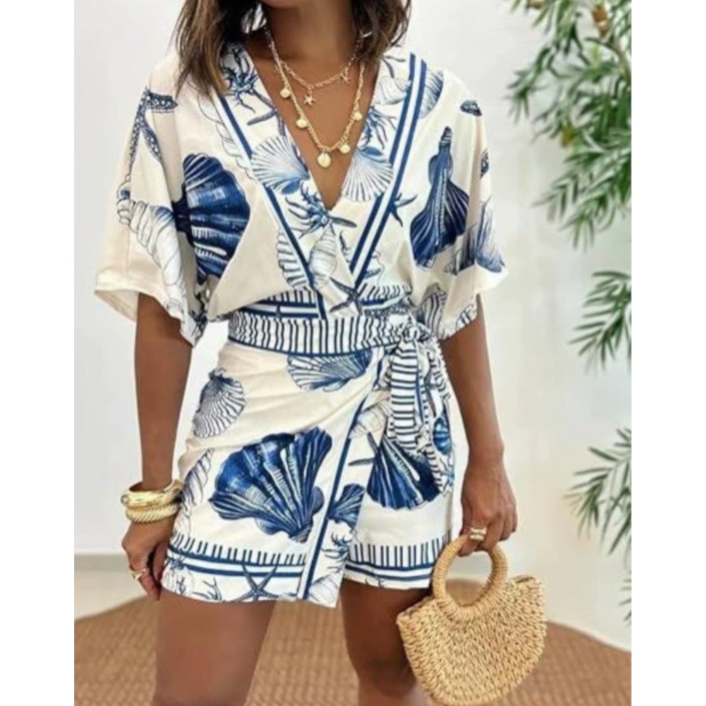 Summer Zara - ファッションプリント半袖女性の V ネックスリムフィットジャンプスーツ夏新カジュアルボヘミアン女性休暇レースアップロンパース 2026
