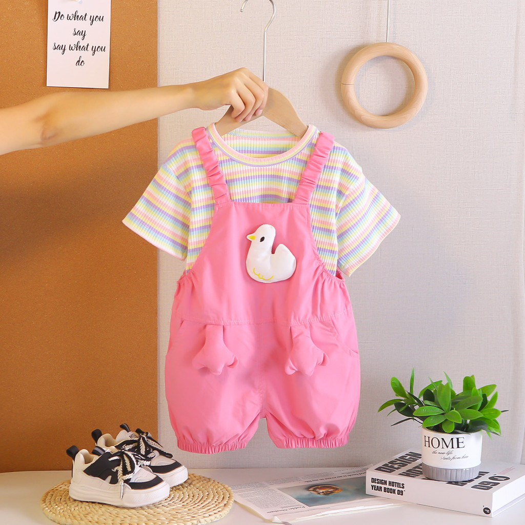 Summer Duck Clothing - 幼児女の赤ちゃん服セット子供幼児ストライプ Tシャツ + ドールアヒルオーバーオール 2 個衣装カジュアルかわいいファッション服スーツ