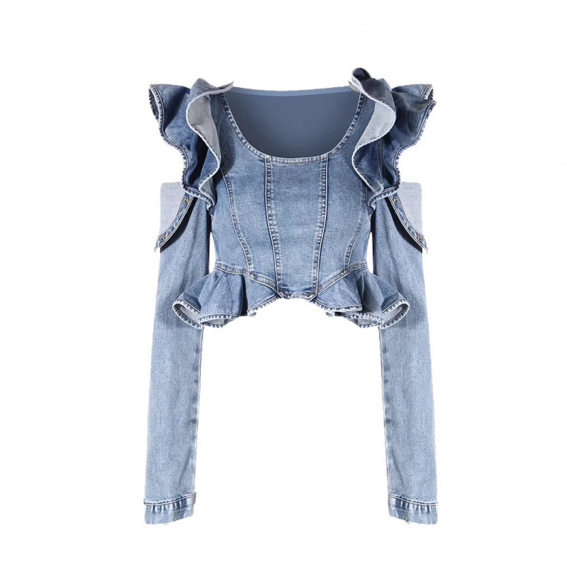 Crop Blouse Linen - セクシーなオフショルダーラッフルデニムブラウス、スリムフィットクロップドジージャン、ストリートウェア、プロム、卒業パーティー、コンサート用の女性向け衣装