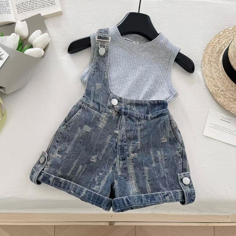 Summer Clothing Drawing For Kids - 子供服セットニットタンクトップ Tシャツ + デニムオーバーオール 2 個セット女の子服キッズブティック服女の子