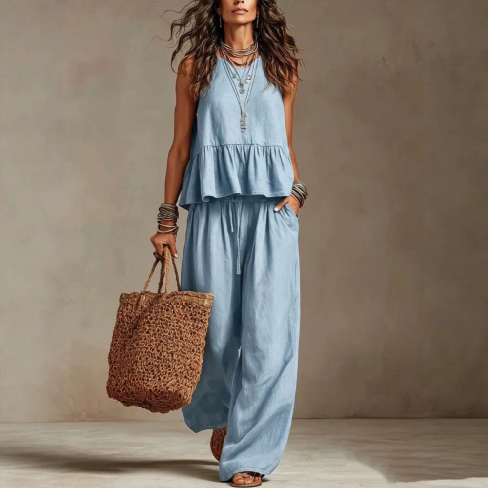 Summer Zara - 新作カジュアルノースリーブ女性用Tシャツとトラウザーズの2点セット、おしゃれなフリル付きゆったりスイングエレガントな女性用オフィスワイドレッグトラウザーズスーツ