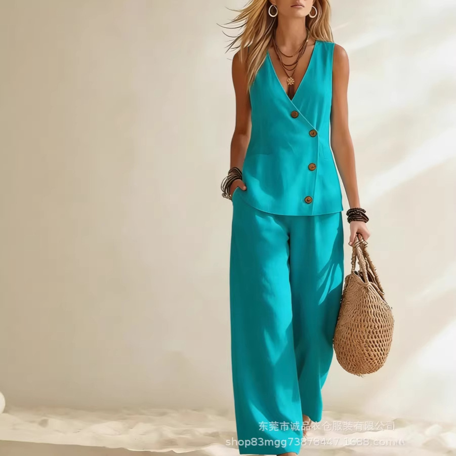 Summer Zara - ファッションディープ V ネックノースリーブ女性夏のズボンスーツベストボタン休暇シンプルなルーズワイドレッグパンツ 2 点セット女性