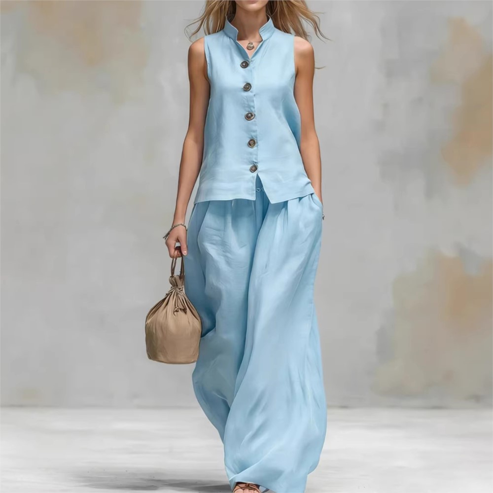 Summer Zara - ファッションスタンドアップカラーノースリーブシングルブレストトップ+パンツ2点セットレディースサマーポケットルーズワイドレッグパンツスイ