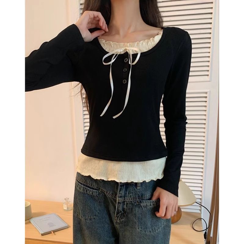 Crop Blouse Linen - 秋の可愛いスイートY2Kクロップトップス、女性用カジュアルスリム長袖ブラウス、無地韓国ファッションボディコンプルオーバー、オフィスレディ向け