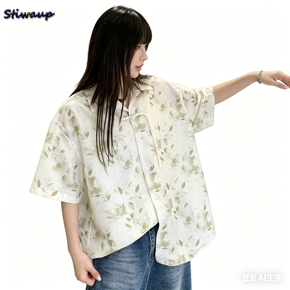 Quality Summer Clothing For Women - 夏の高品質の女性のブラウスグリーン中国ヴィンテージ花柄半袖女性のシャツオーバーサイズファッション女性服