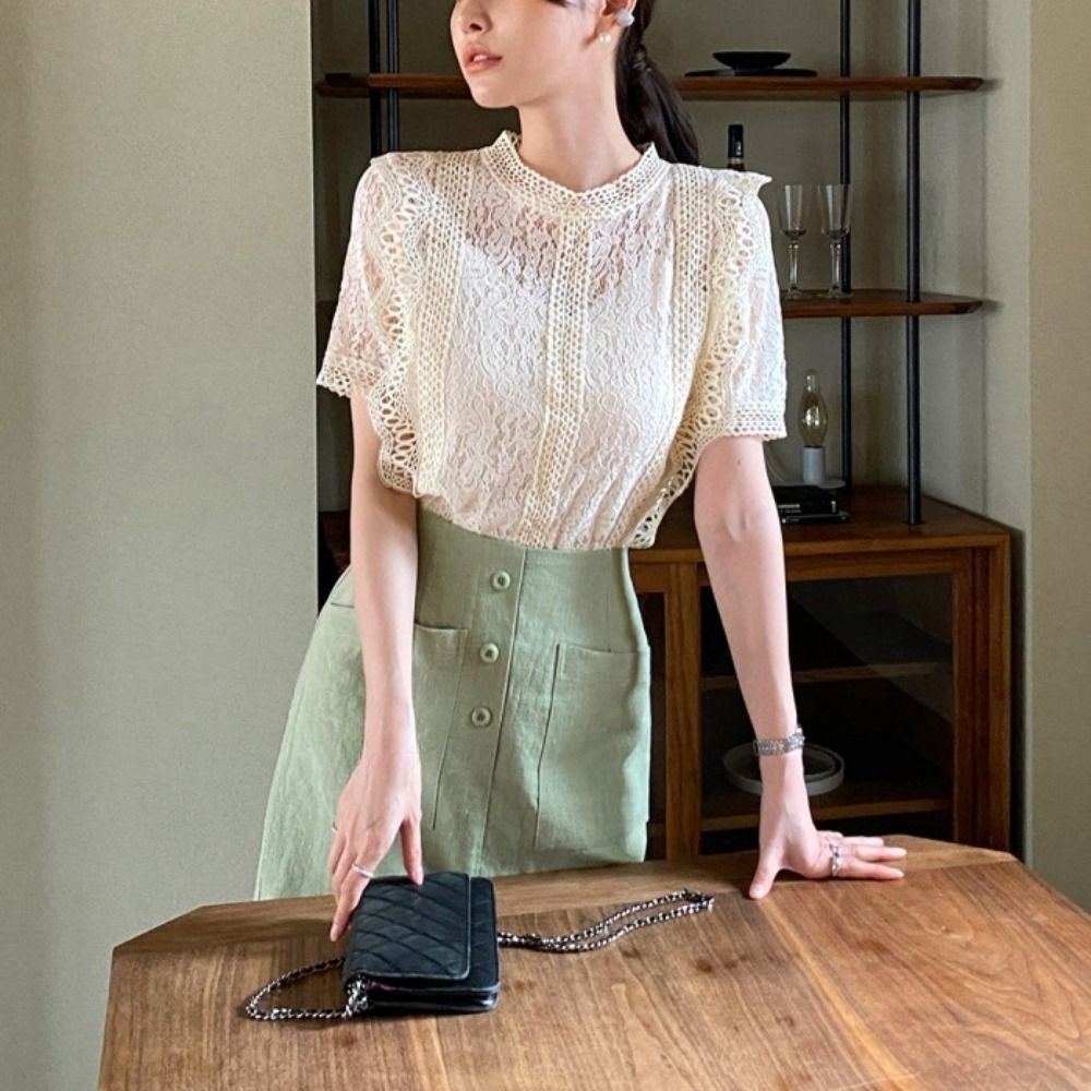 Crop Blouse Linen - エレガントな甘い半袖レースシャツ、ルーズシックなレースブラウス、女性用オールマッチラウンドネッククロシェクロップトップ