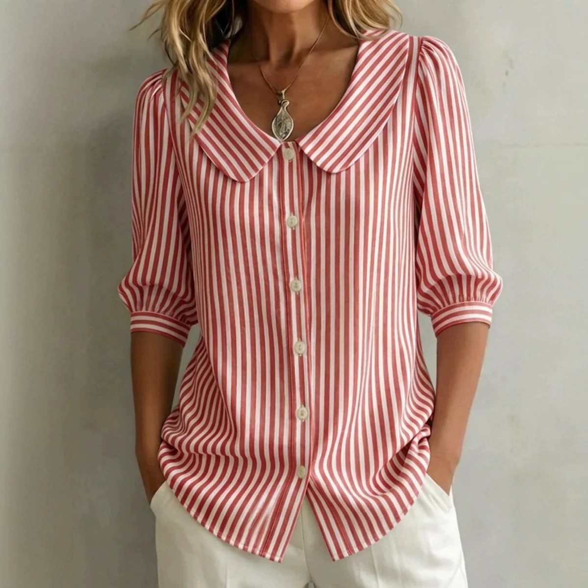 Crop Blouse Linen - レディースブラウス 半袖 ストライプ リネン風ブラウス ルーズフィット ポイントカラー