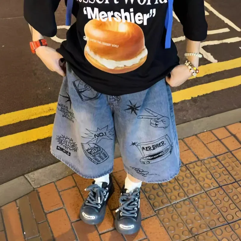 Summer Clothing Drawing For Kids - 男の子用グラフィティデニムショーツ,子供用カジュアルジーンズ,5ポイントパンツ,子供用ファッションウェア,10代のジーンズ,夏
