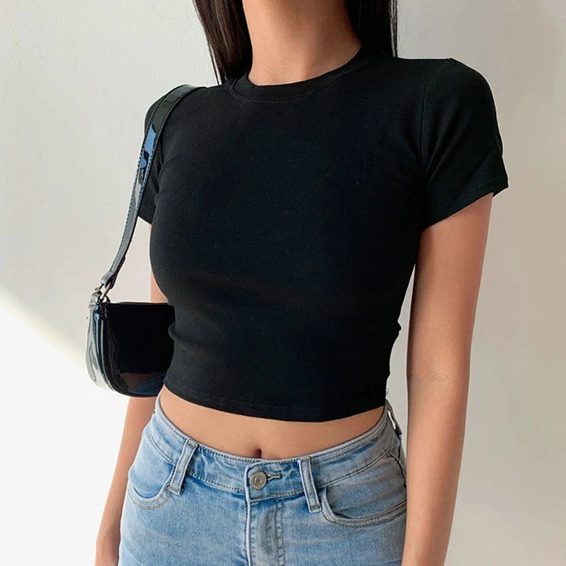 Summer Zara - 半袖 Tシャツ女性ソリッドシンプルカジュアルソフトオールマッチベーシッククロップトップス Tシャツ夏のファッションスキニートップスブラックホワイト