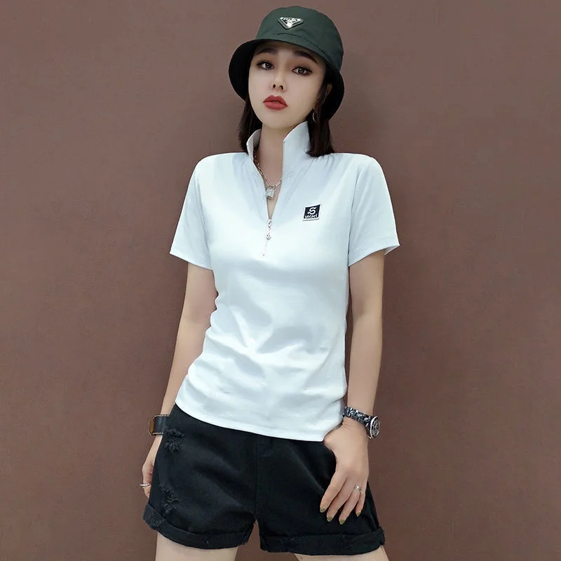 Quality Summer Clothing For Women - 女性用半袖Tシャツ,グリーンポロシャツ,ホワイトトップス,韓国スタイルのポリエステル服,Vネック,高品質