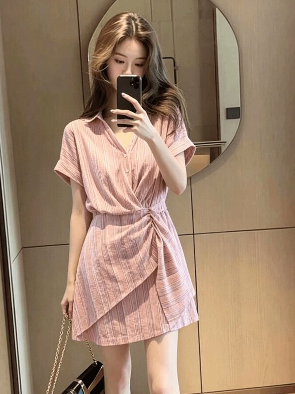 Summer Line Clothing Brand - スリムストライプ半袖ウエストシンチドレス韓国風Aライン夏ファッショナブルな婦人服プラスサイズトレンディブランド