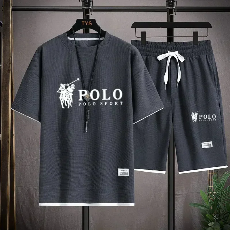 Summer Gym Clothing - 2026年メンズサマーワッフル2ピースセット半袖Tシャツスポーツショーツファッション通気性カジュアルトラックスーツジムランニングウェア