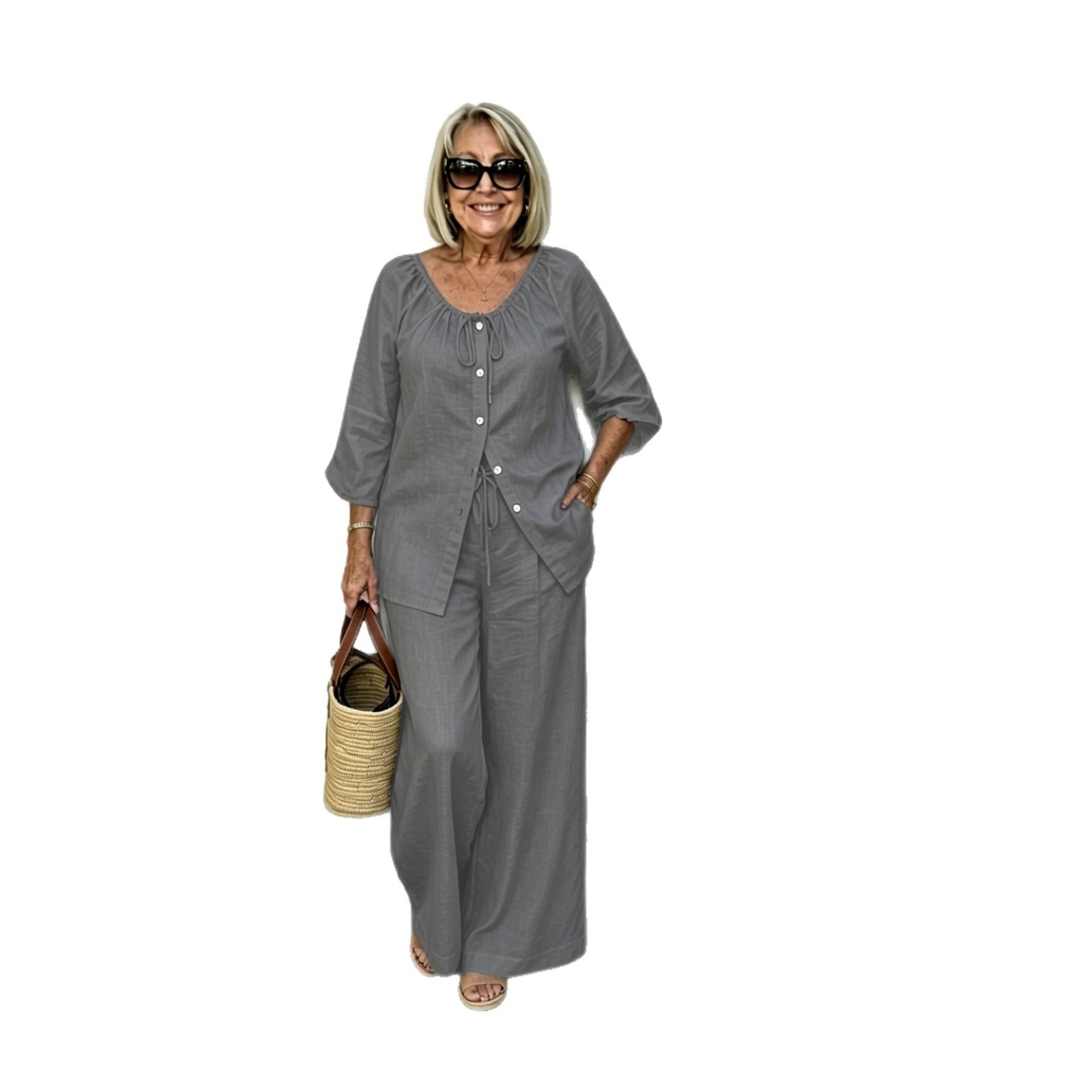 女性用2ピースセット シャツ リネン混紡ブラウス 無地ライト - Crop Blouse Linen のレビューと価格