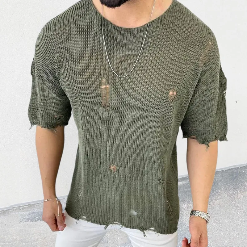 2025 夏の新メンズソリッドカラーセーターラウンドネック半 - Summer Clothing Men 2025 のレビューと価格