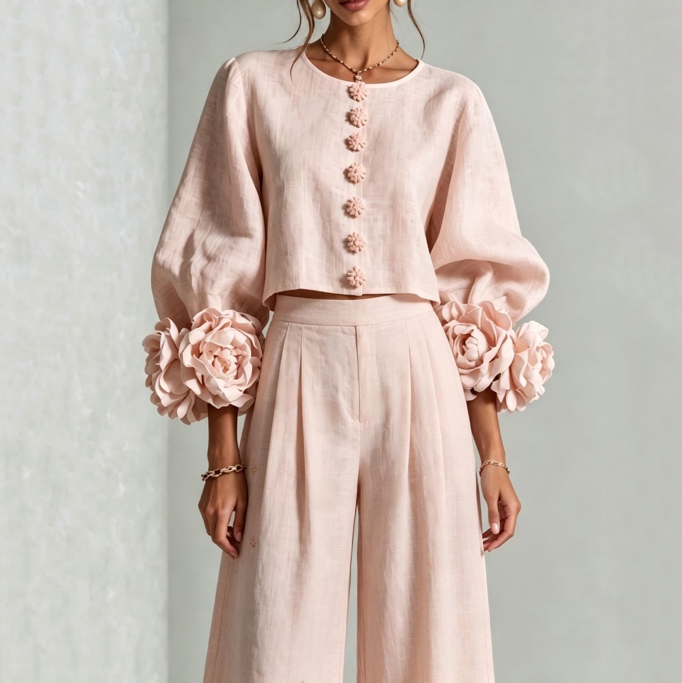 レディースリネンクロップドトップス＆ワイドレッグパンツのツー - Crop Blouse Linen のレビューと価格