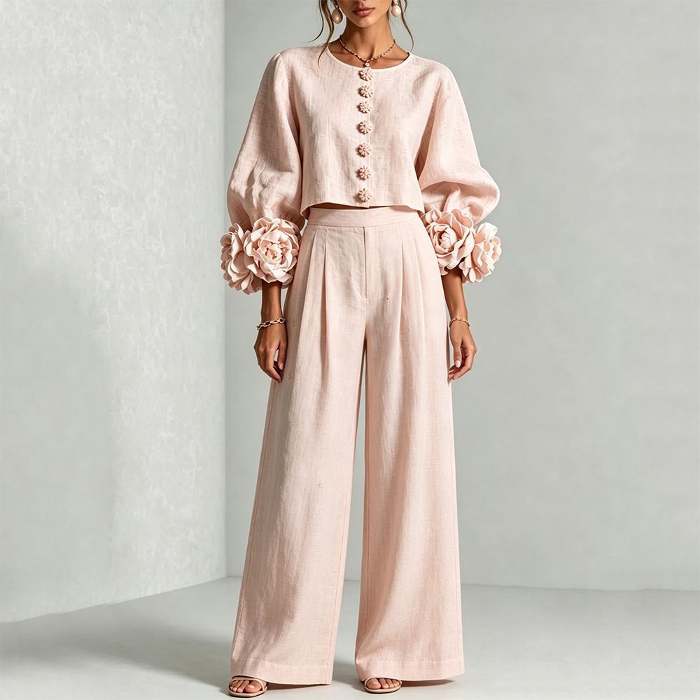 レディースリネンクロップドトップス＆ワイドレッグパンツのツー - Crop Blouse Linen のレビューと価格