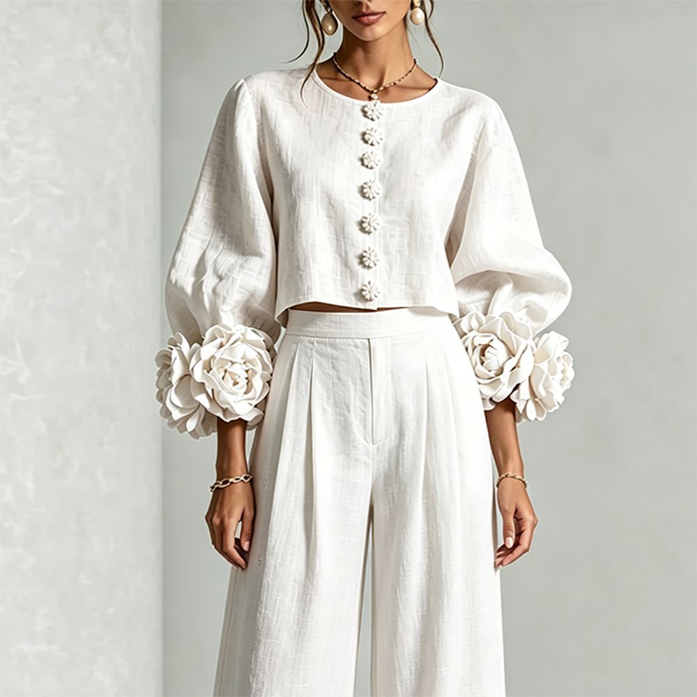 レディースリネンクロップドトップス＆ワイドレッグパンツのツー - Crop Blouse Linen のレビューと価格
