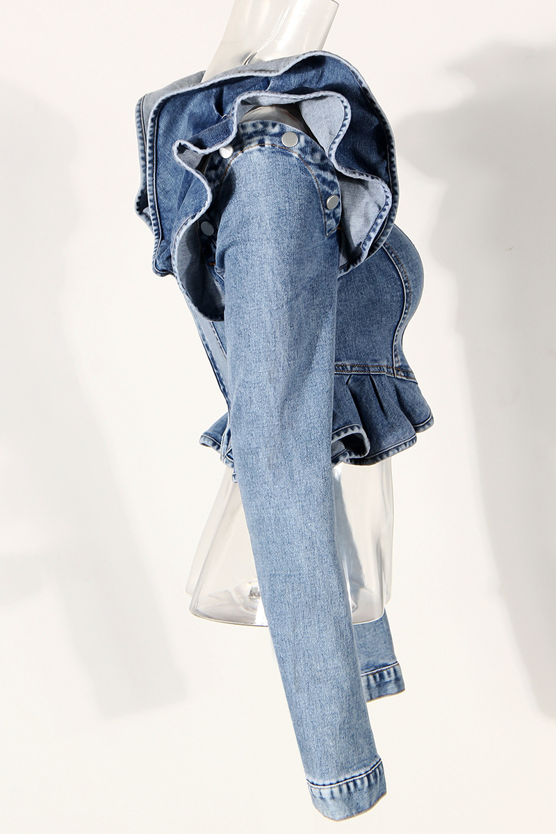 セクシーなオフショルダーラッフルデニムブラウス、スリムフィッ - Crop Blouse Linen のレビューと価格