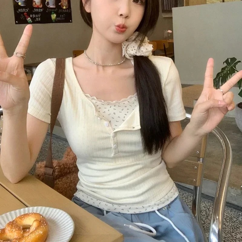 女性用スイートレーストリムリブニットTシャツ 2026夏 ス - Crop Blouse Linen のレビューと価格