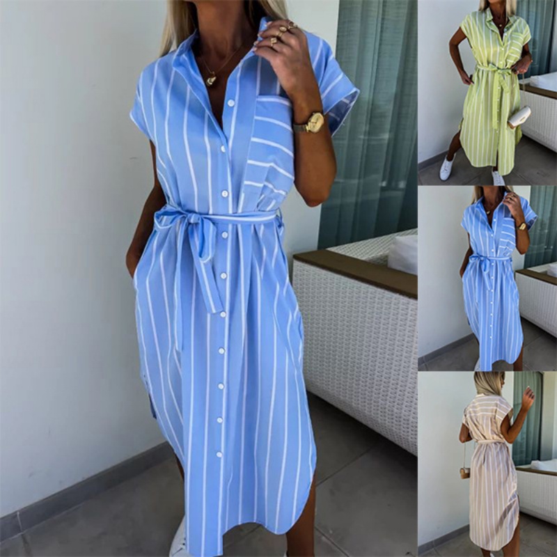 女性用半袖ストライプシャツドレスボタンダウンベルト付きウエス - Summer Clothing Looks のレビューと価格