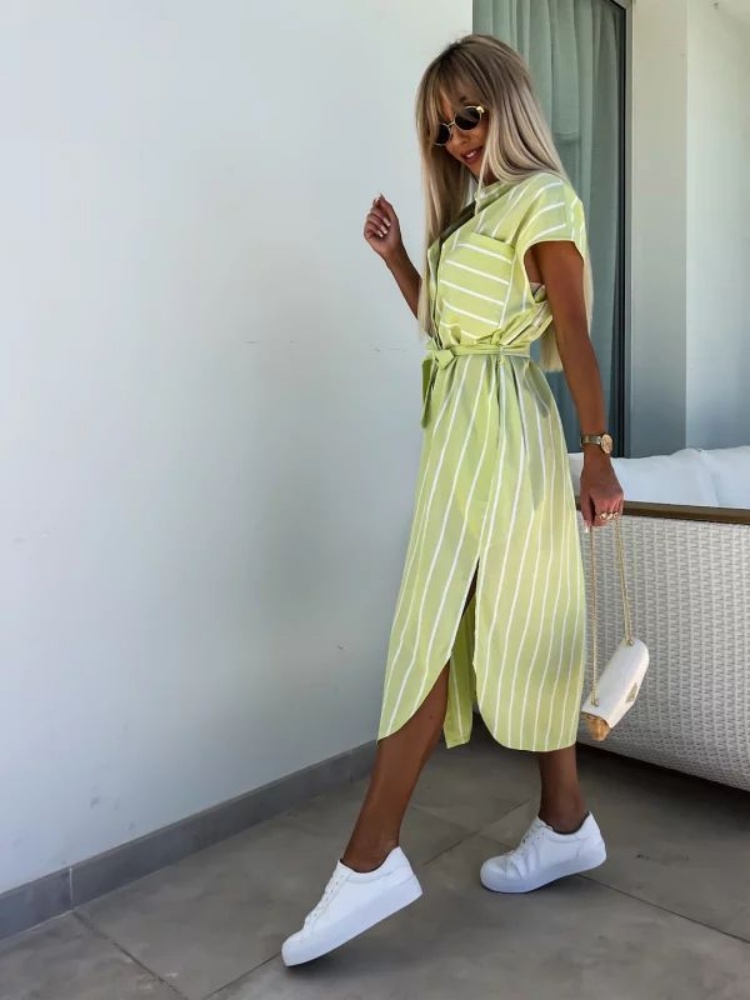 女性用半袖ストライプシャツドレスボタンダウンベルト付きウエス - Summer Clothing Looks のレビューと価格