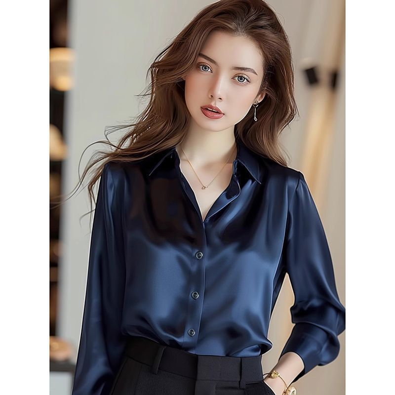 2025 夏の女性のサテンシャツエレガントな無地長袖ブラウス - Summer Clothing Men 2025 のレビューと価格