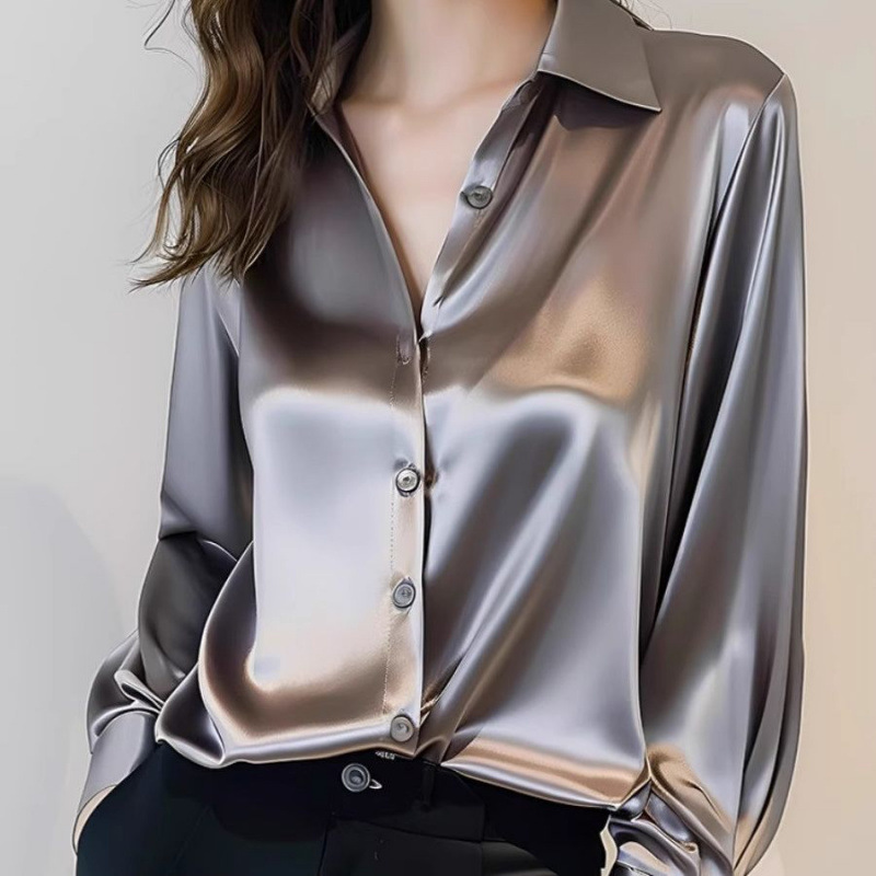 2025 夏の女性のサテンシャツエレガントな無地長袖ブラウス - Summer Clothing Men 2025 のレビューと価格