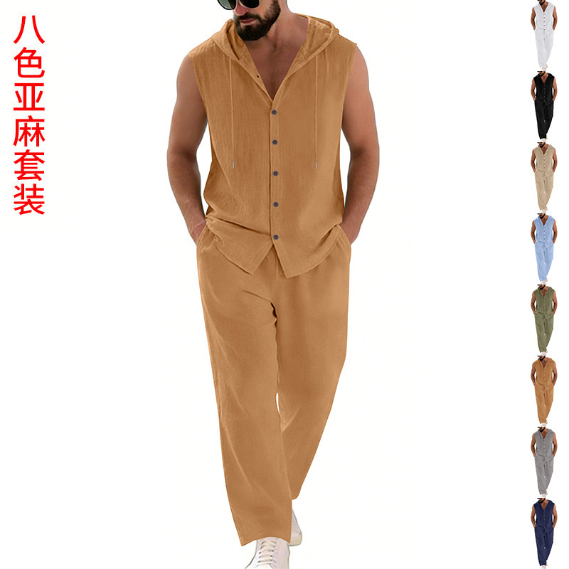 メンズカジュアルリネンスーツフード付きセーターとパンツセット - Summer Clothing Men のレビューと価格