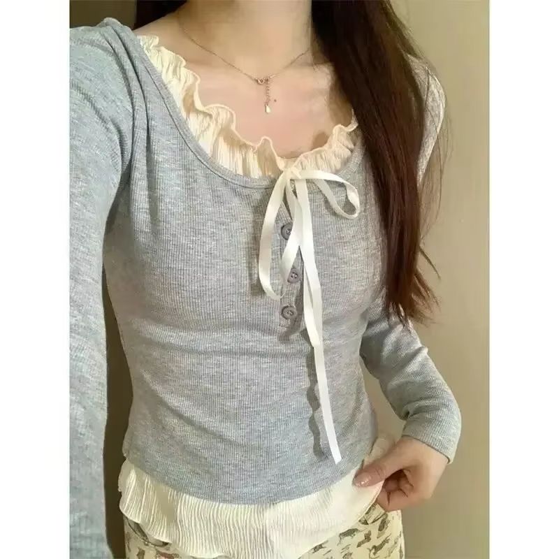 秋の可愛いスイートY2Kクロップトップス、女性用カジュアルス - Crop Blouse Linen のレビューと価格