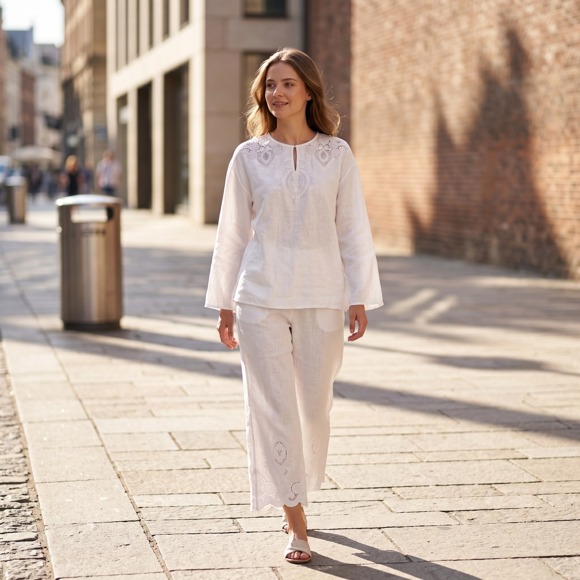高級リネンブレンドツーピースセット女性用長袖ブラウス＆ワイド - Crop Blouse Linen のレビューと価格
