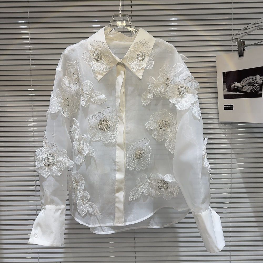 女性用メッシュ付きスパンコールブラウス、スパンコール、3D花 - Crop Blouse Linen のレビューと価格