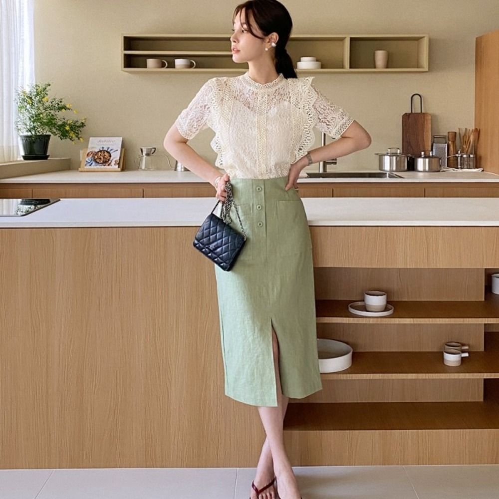 エレガントな甘い半袖レースシャツ、ルーズシックなレースブラウ - Crop Blouse Linen のレビューと価格