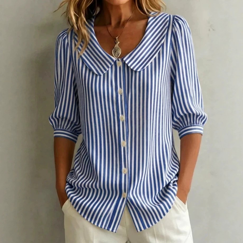 レディースブラウス 半袖 ストライプ リネン風ブラウス ルー - Crop Blouse Linen のレビューと価格