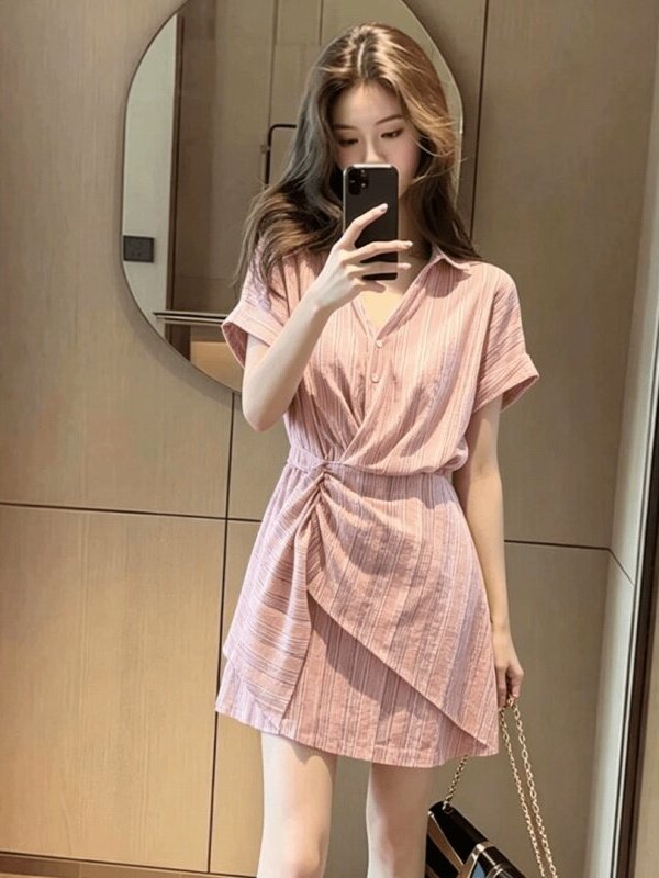 スリムストライプ半袖ウエストシンチドレス韓国風Aライン夏ファ - Summer Line Clothing Brand のレビューと価格