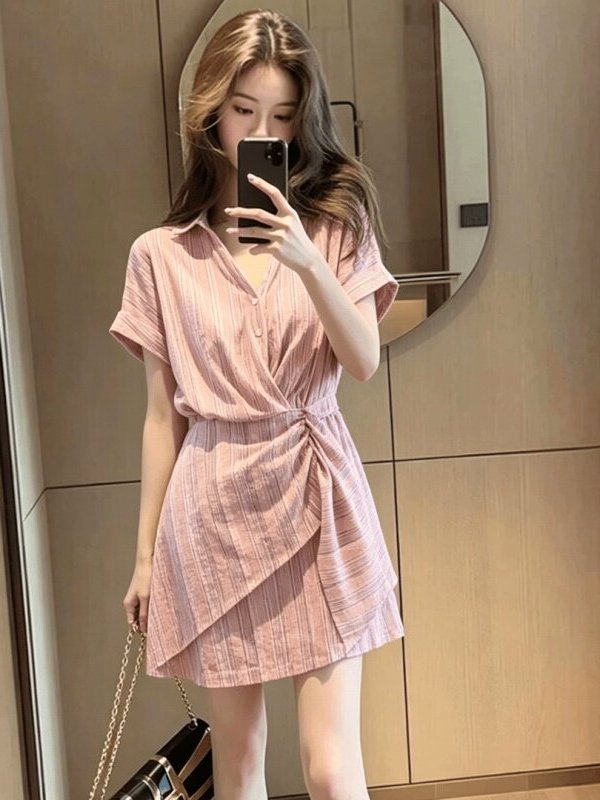 スリムストライプ半袖ウエストシンチドレス韓国風Aライン夏ファ - Summer Line Clothing Brand のレビューと価格