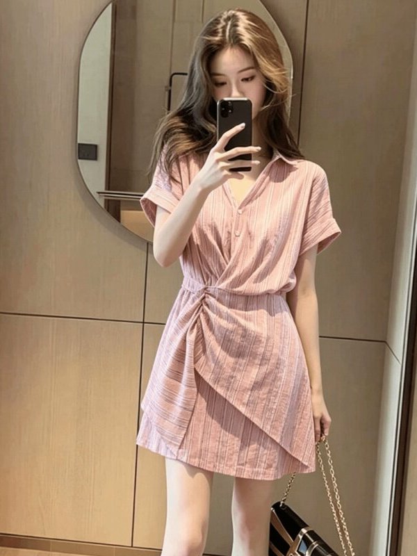 スリムストライプ半袖ウエストシンチドレス韓国風Aライン夏ファ - Summer Line Clothing Brand のレビューと価格